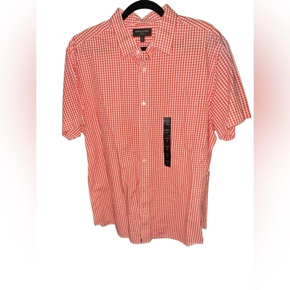 Banana Republic Mens Cotton Soft Wash SS Button Up Orange Plaid Dress Shirt XL
